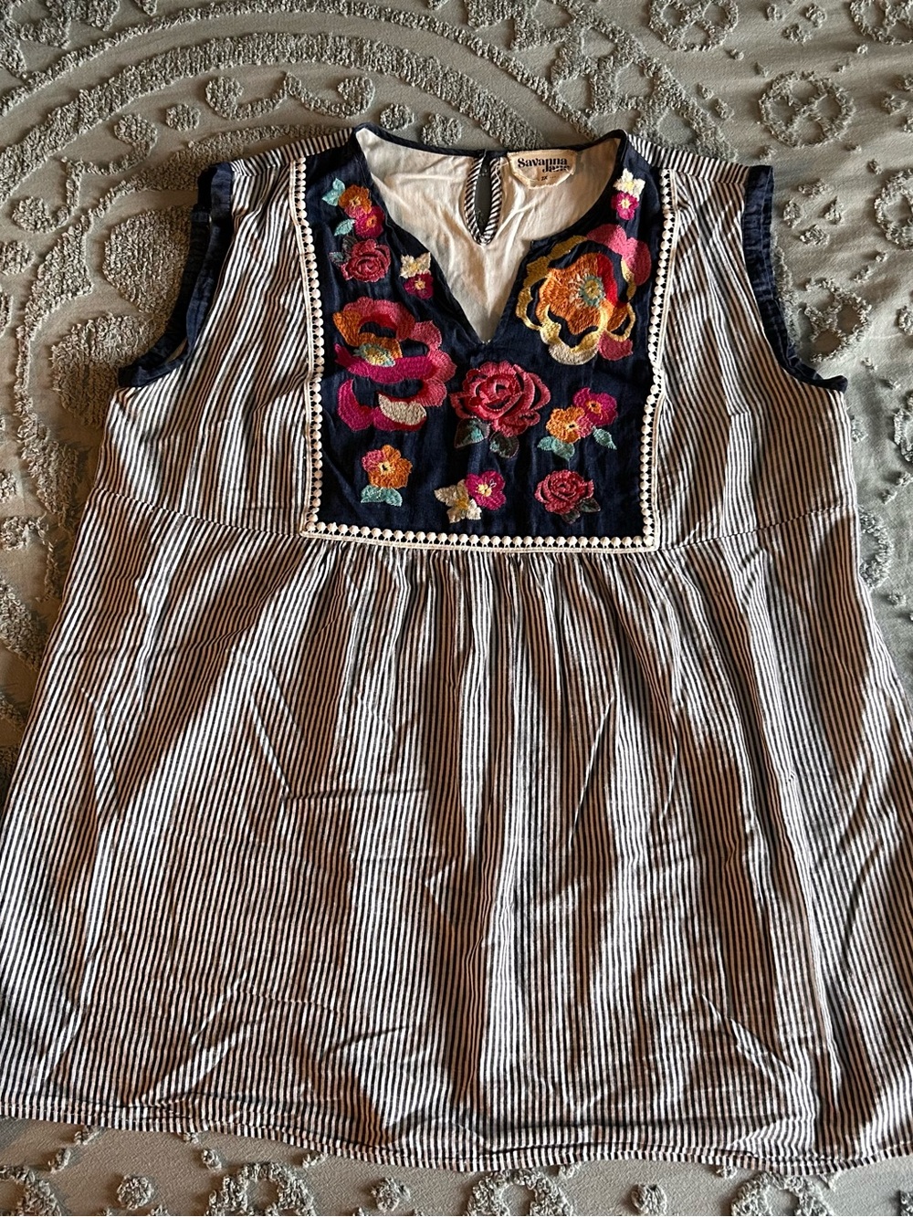 Savanna Jane Navy & White Striped tunic with Multi-Color Floral Embroidery